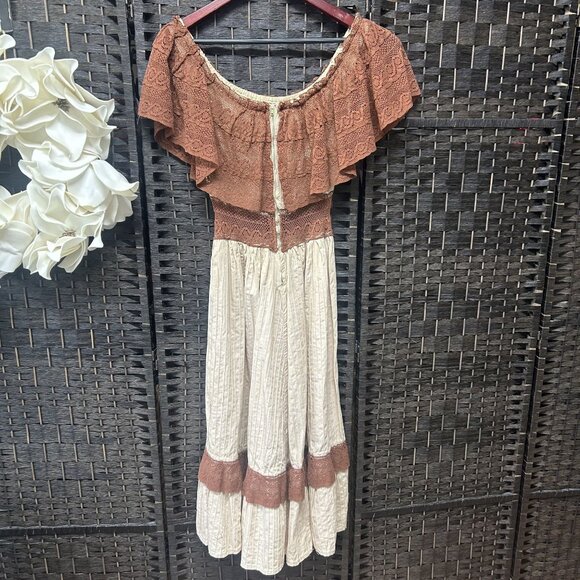 Vintage Brown Cream Handmade Fit and Flare Lace Top Dress Size Small - Picture 8 of 8